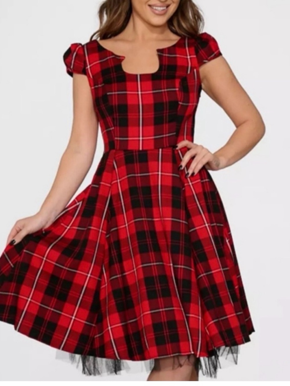 Red Plaid Midi Dress with Notch Scoop Neck
